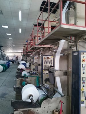 Rolls of plastic film in production