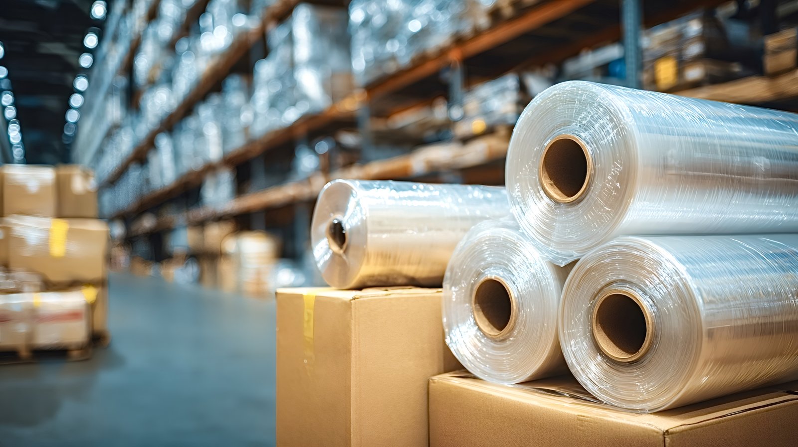 Stretch-wrapped pallets in warehouse